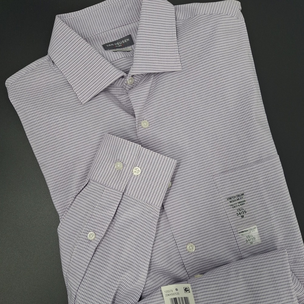 Van Heusen Dress Shirt Mens 15.5 34/35 Lavender Flex Regular Fit Stretch Grid